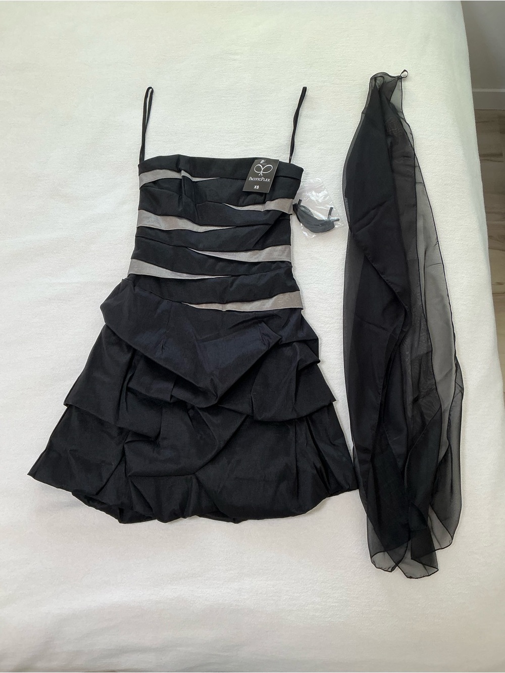 Black Spaghetti-Strap Cocktail Dress with Gray Band Accents